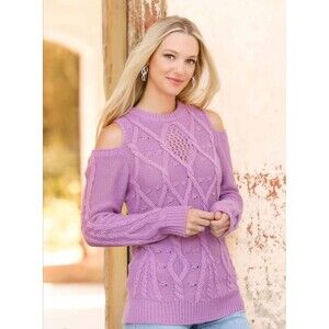 Cato Women's Purple Cold Shoulder Cable Knit Sweater Size Large Cozy & Stylish!
